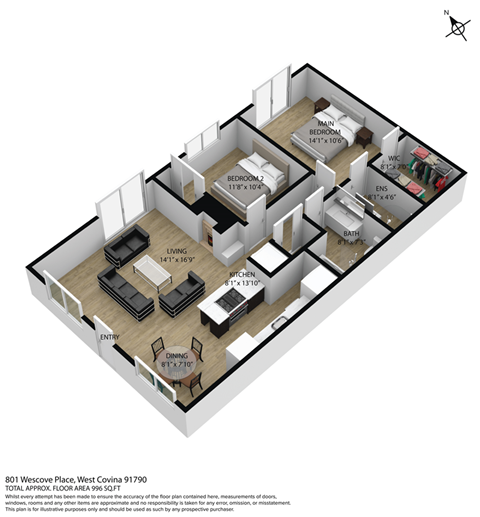 Floor plan for 2 beds, 2 baths, 1000 sqft